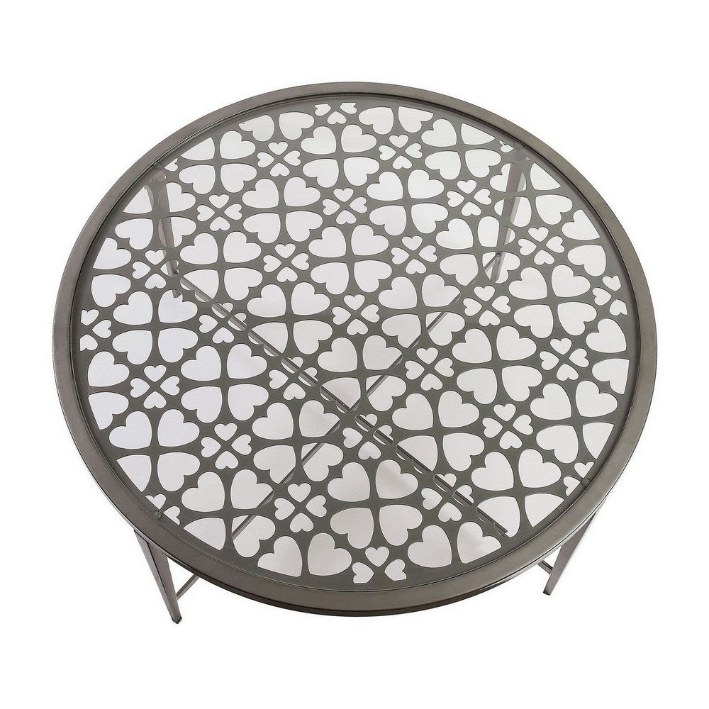 Round Glass Top Coffee Table with X Support Metal Base, Silver - BM233958