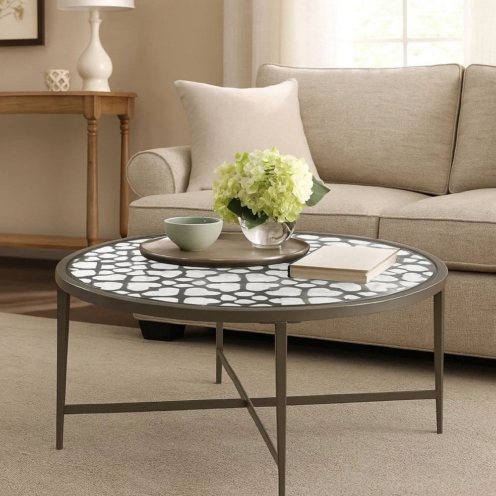 Round Glass Top Coffee Table with X Support Metal Base, Silver - BM233958