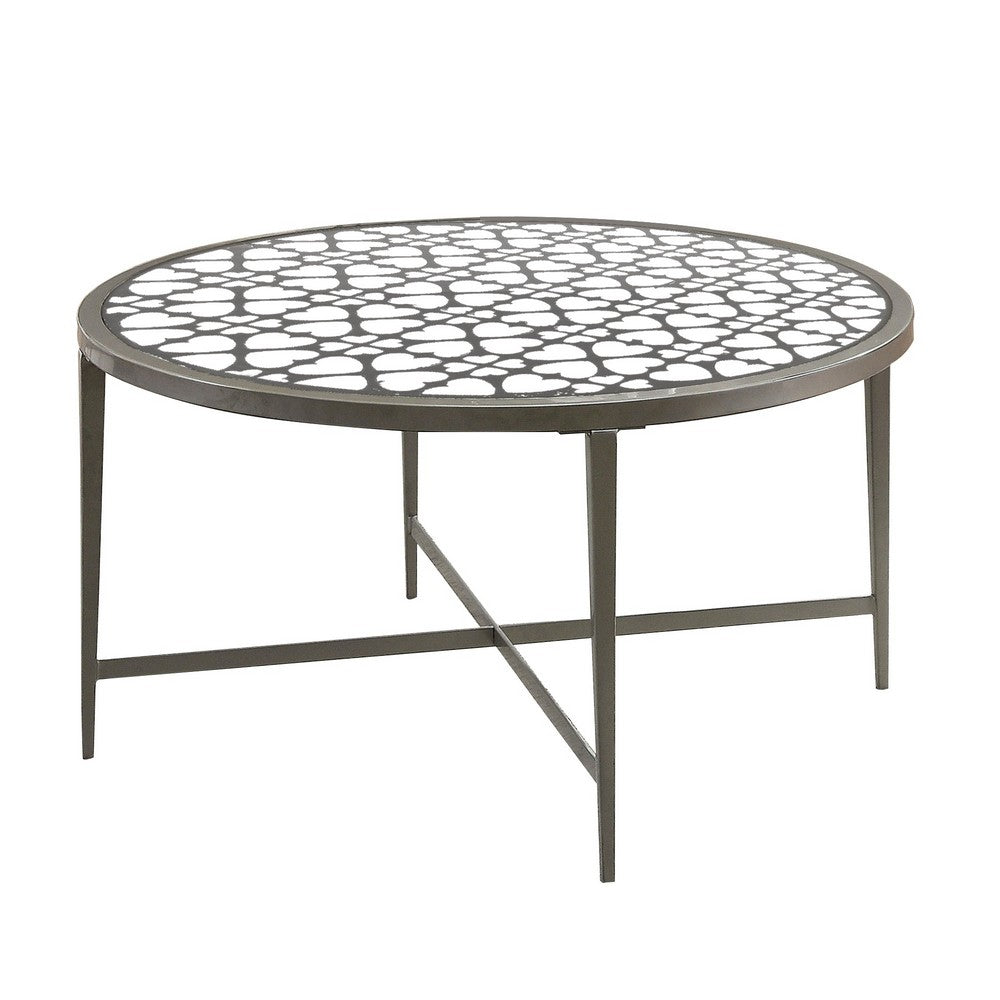 Round Glass Top Coffee Table with X Support Metal Base, Silver - BM233958