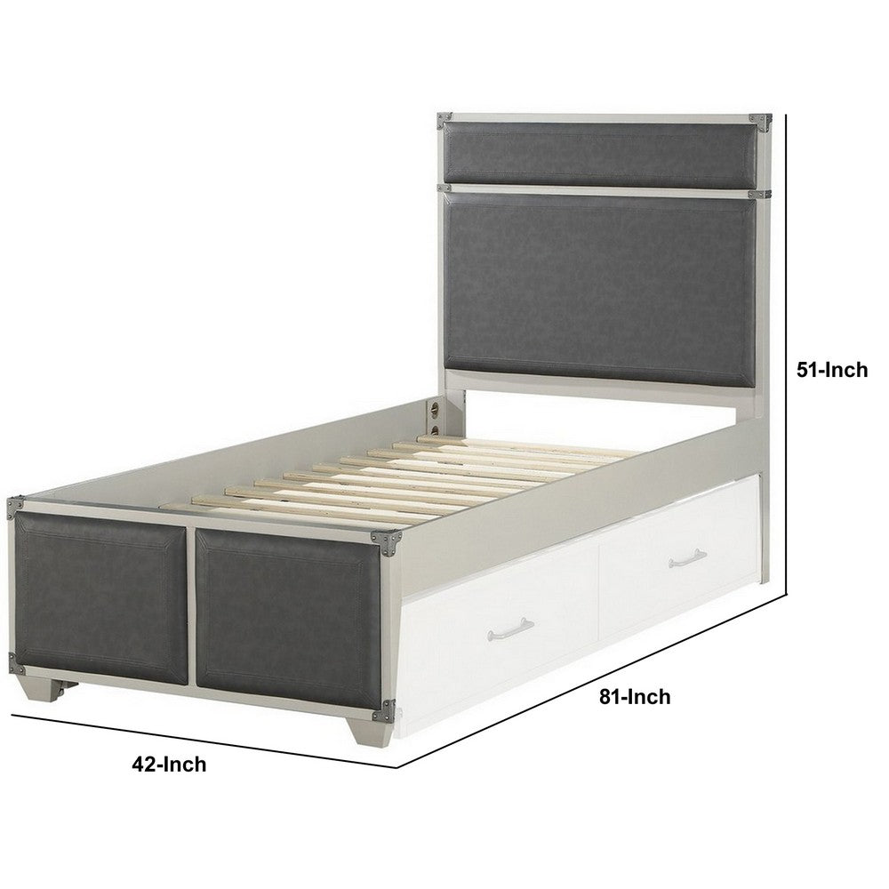 Tae Wooden Twin Bed with Fabric Padding, White and Gray - BM235353