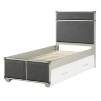 Tae Wooden Twin Bed with Fabric Padding, White and Gray - BM235353