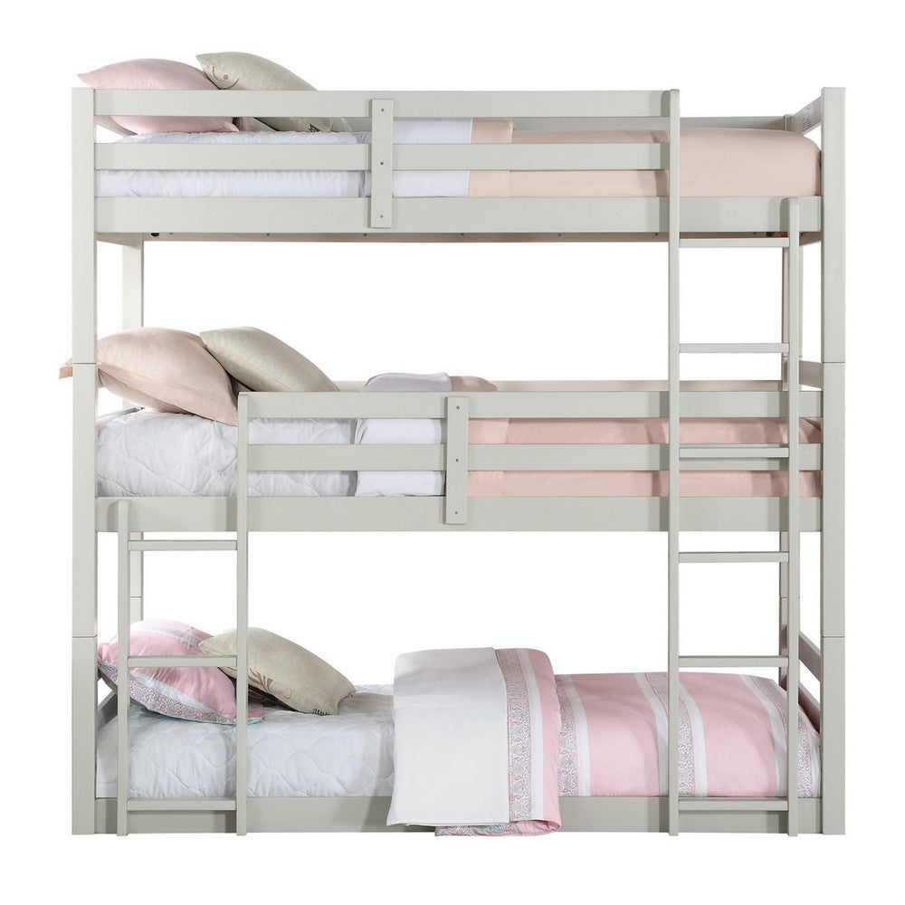 Twin Size 3 Tier Wooden Bunk Bed with Ladder, White - BM235357
