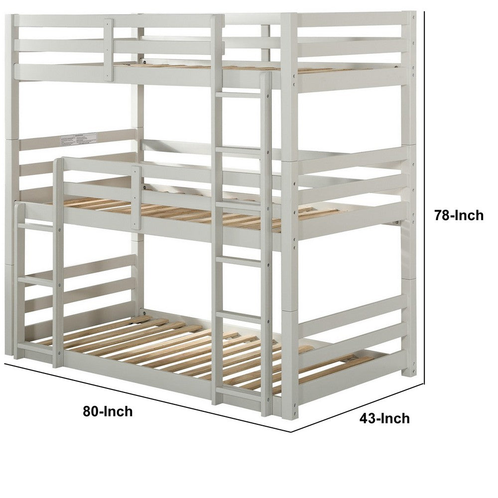 Twin Size 3 Tier Wooden Bunk Bed with Ladder, White - BM235357