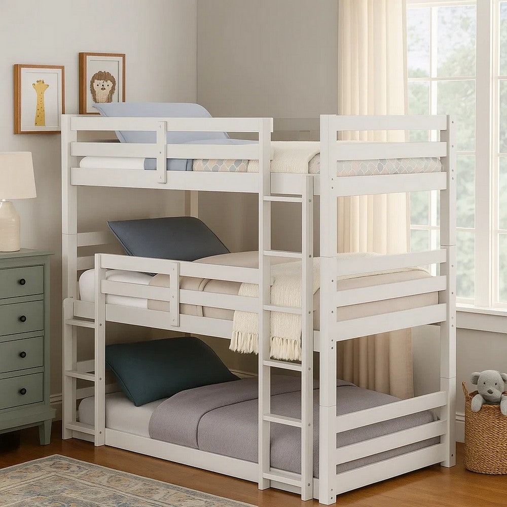 Twin Size 3 Tier Wooden Bunk Bed with Ladder, White - BM235357