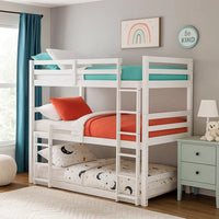 Twin Size 3 Tier Wooden Bunk Bed with Ladder, White - BM235357