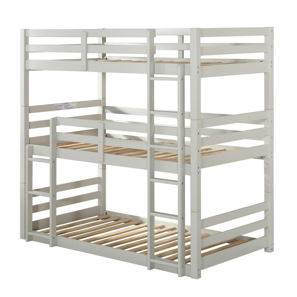 Twin Size 3 Tier Wooden Bunk Bed with Ladder, White - BM235357