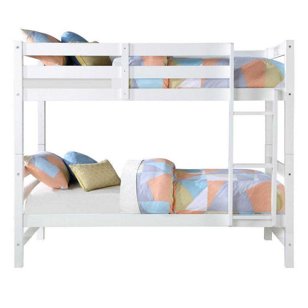 Wooden Twin Over Twin Bunk Bed with Attached Ladder, White - BM235360