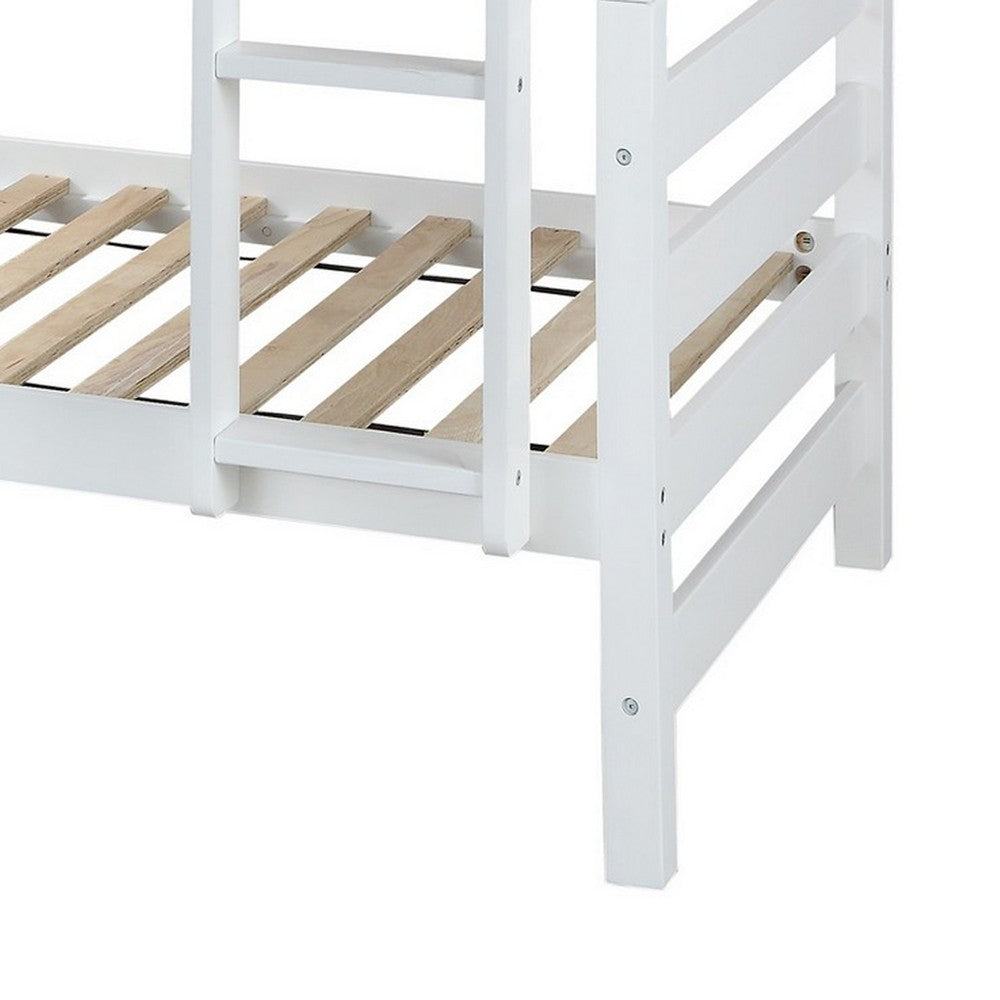 Wooden Twin Over Twin Bunk Bed with Attached Ladder, White - BM235360