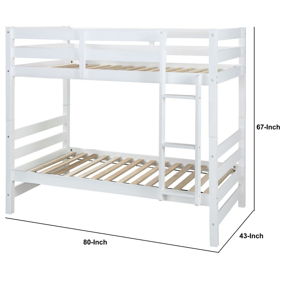 Wooden Twin Over Twin Bunk Bed with Attached Ladder, White - BM235360