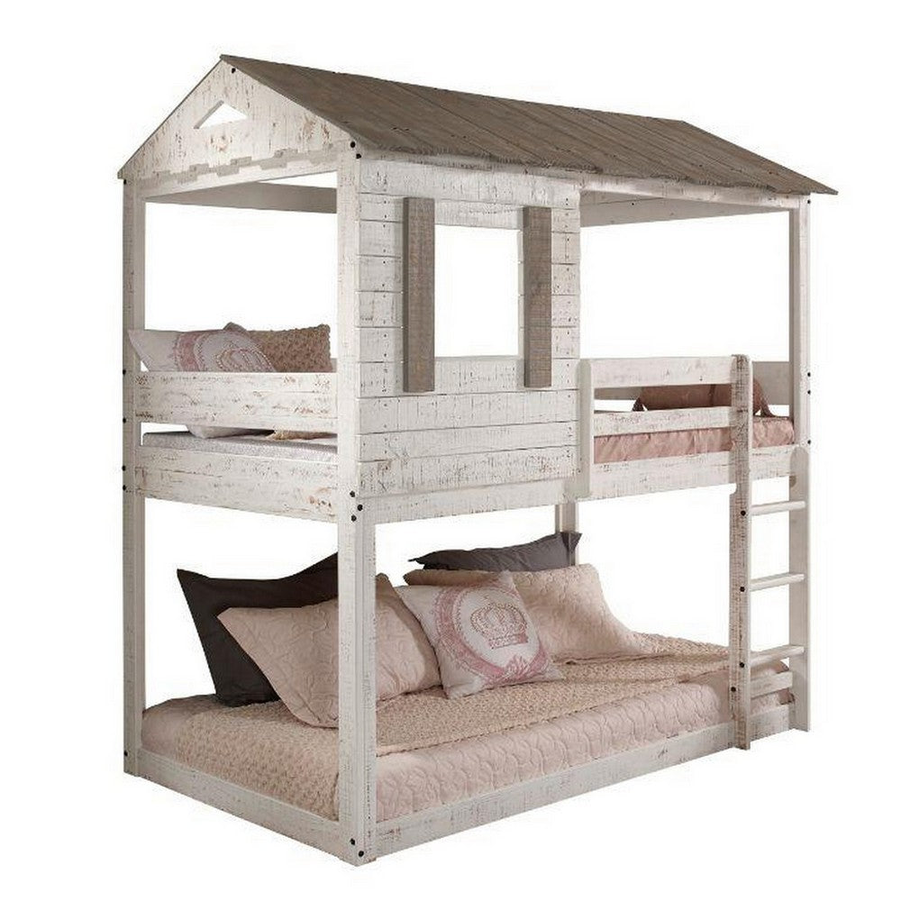 Wooden Twin Bunk Bed with House Design, White and Brown - BM235364