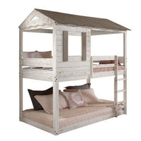 Wooden Twin Bunk Bed with House Design, White and Brown - BM235364