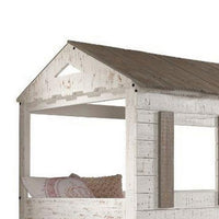 Wooden Twin Bunk Bed with House Design, White and Brown - BM235364