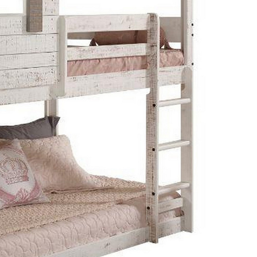 Wooden Twin Bunk Bed with House Design, White and Brown - BM235364