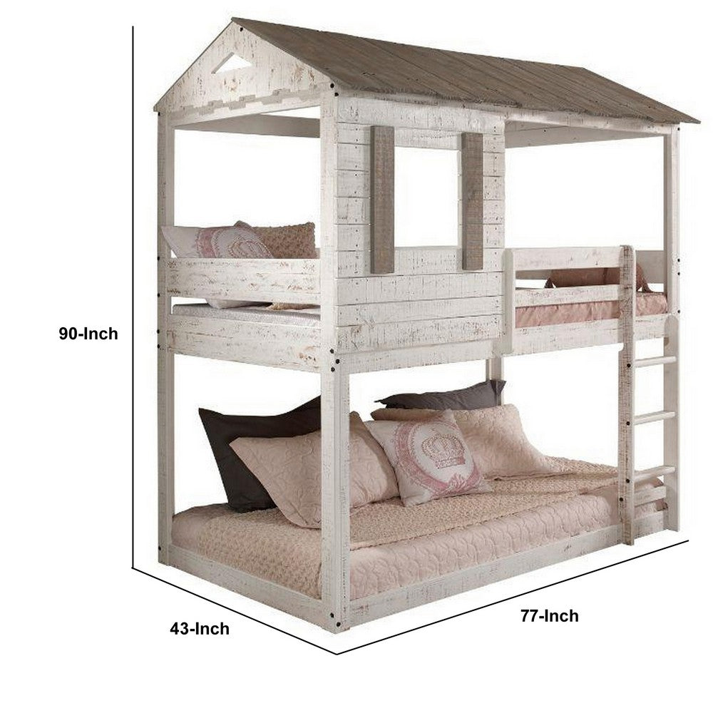 Wooden Twin Bunk Bed with House Design, White and Brown - BM235364