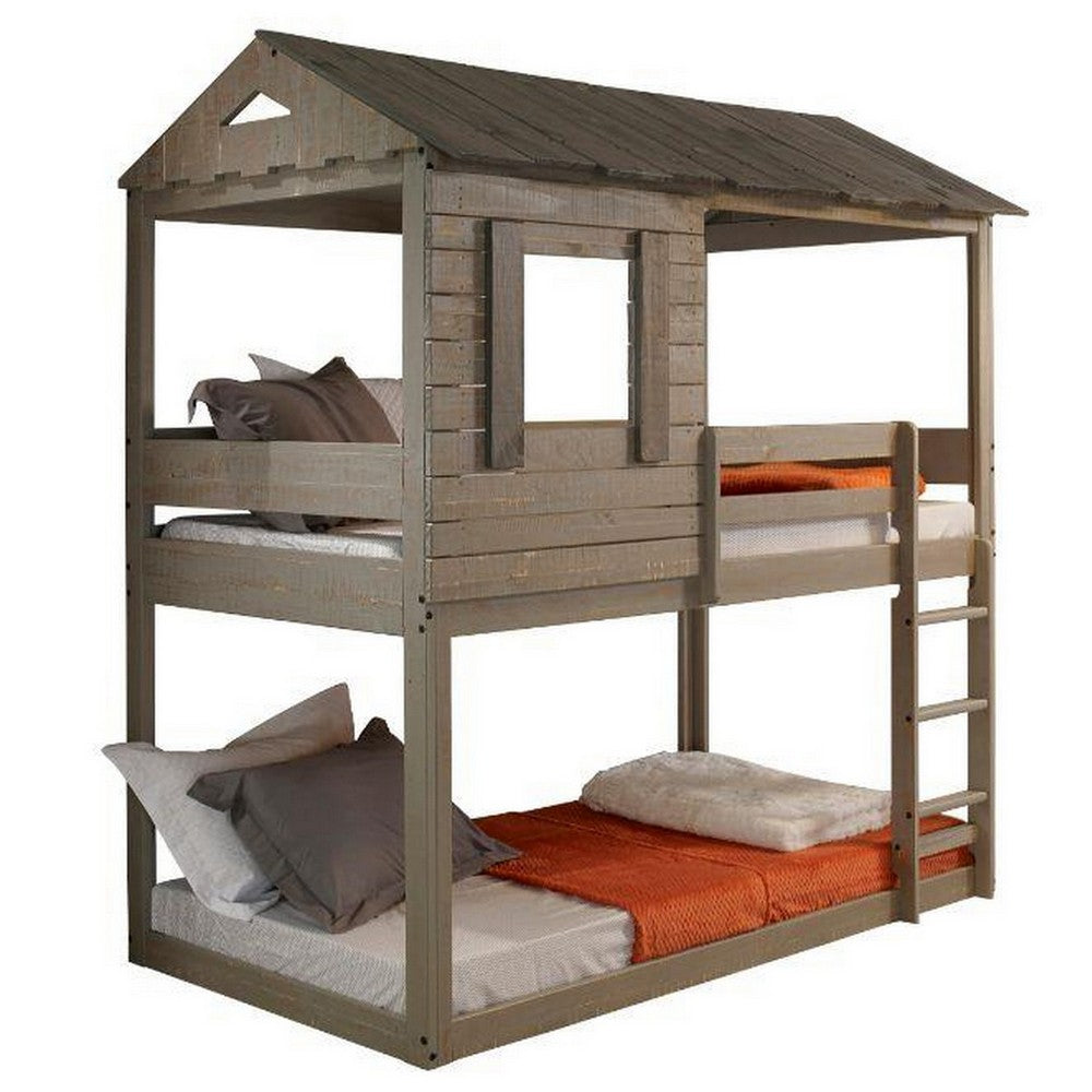 Twin Size Wooden Bunk Bed with House Design, Brown - BM235365