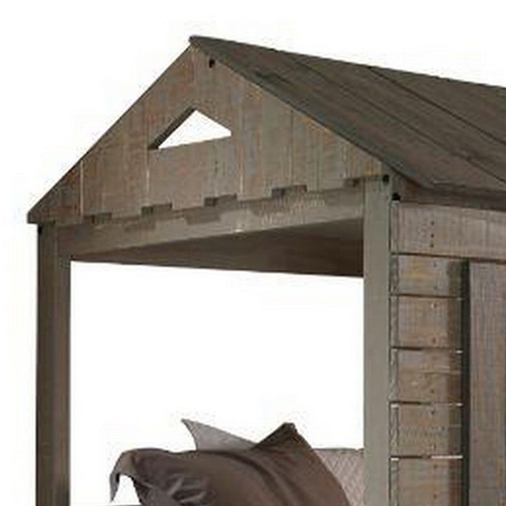 Twin Size Wooden Bunk Bed with House Design, Brown - BM235365