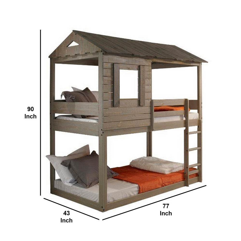 Twin Size Wooden Bunk Bed with House Design, Brown - BM235365