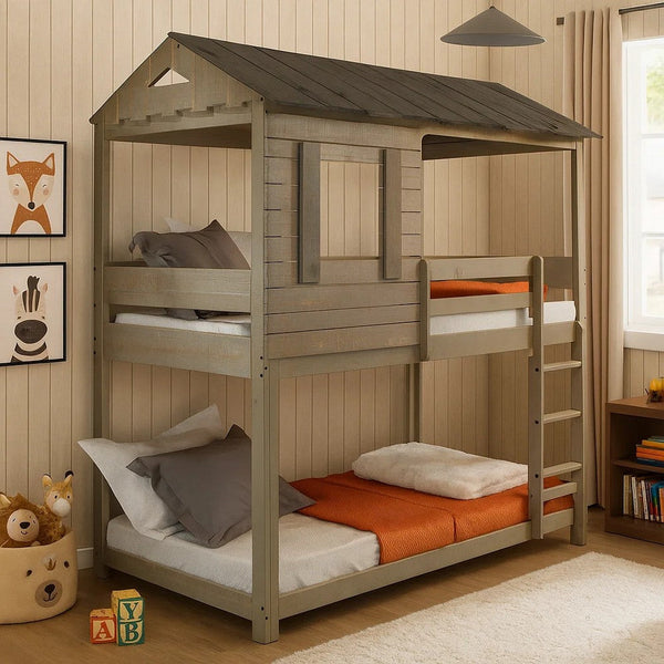 Twin Size Wooden Bunk Bed with House Design, Brown - BM235365