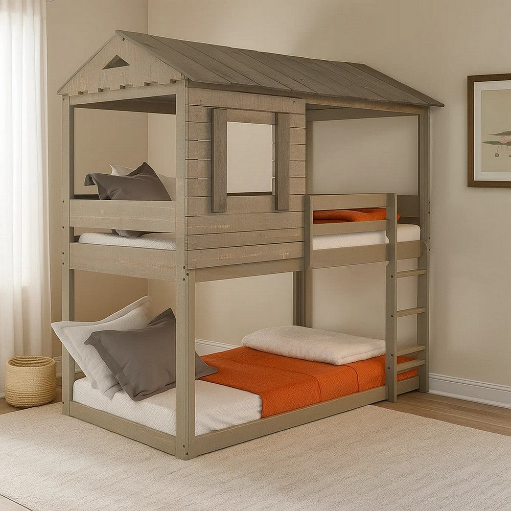 Twin Size Wooden Bunk Bed with House Design, Brown - BM235365