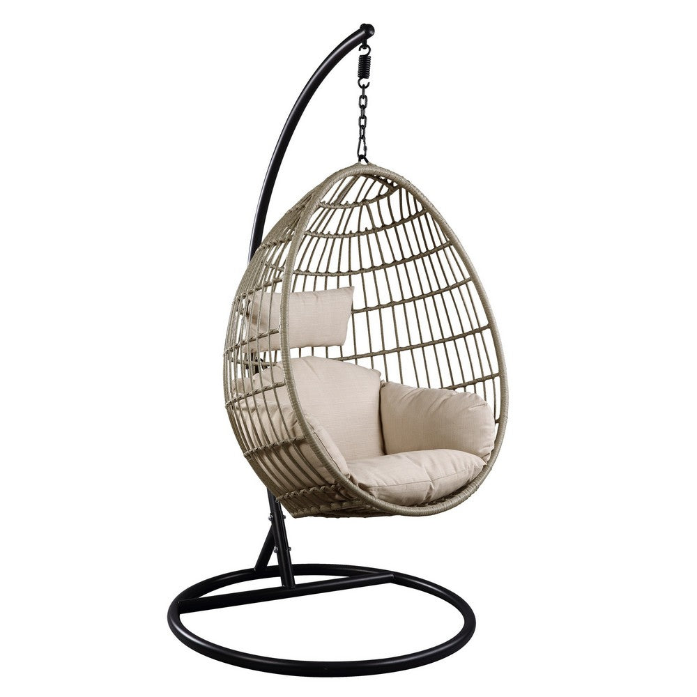 Oval Wicker Swing Chair with Mesh Pattern, Beige and Black - BM235371