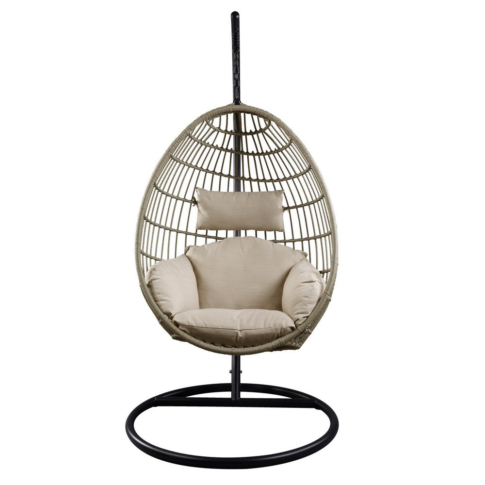 Oval Wicker Swing Chair with Mesh Pattern, Beige and Black - BM235371