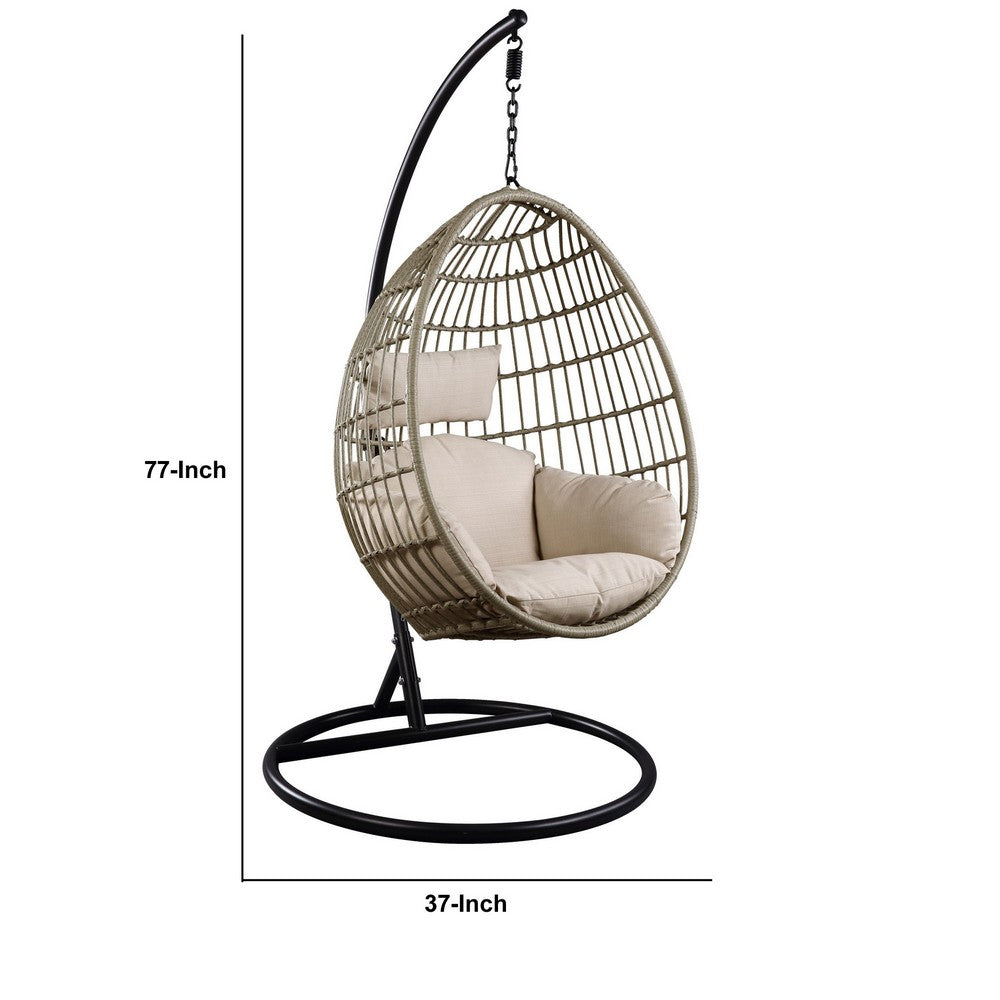 Oval Wicker Swing Chair with Mesh Pattern, Beige and Black - BM235371