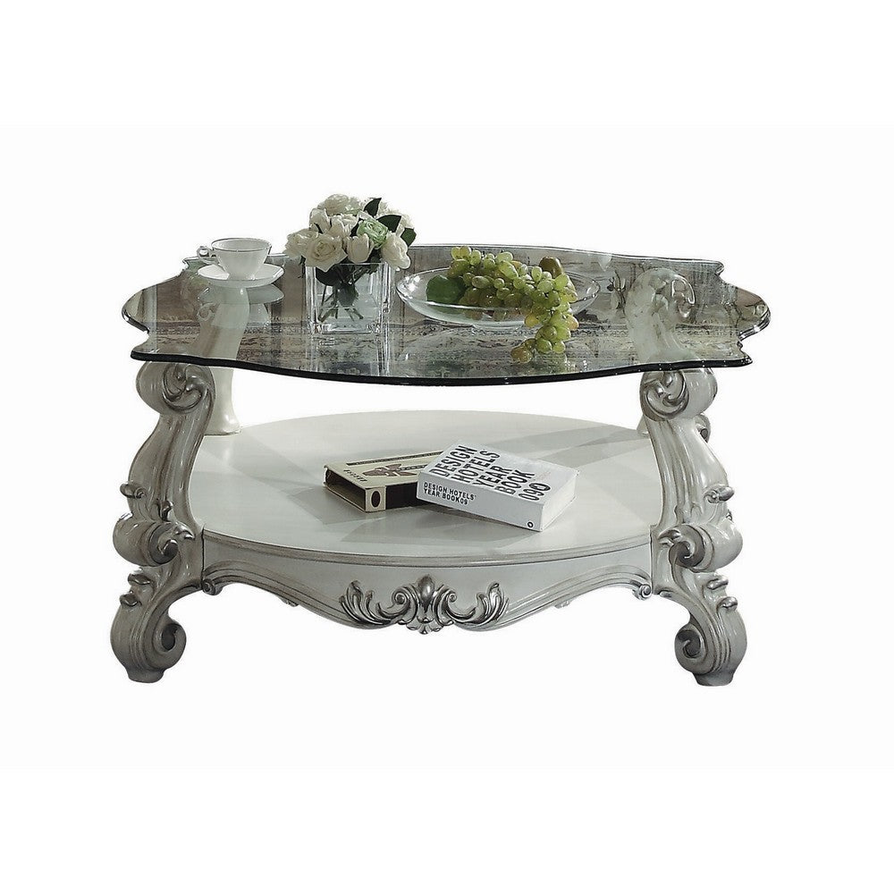 Curved Glass Top Coffee Table with Open Shelf, White - BM235387