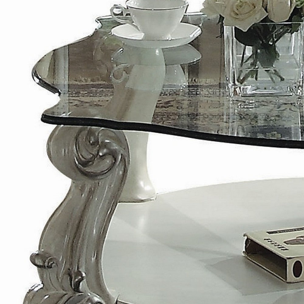 Curved Glass Top Coffee Table with Open Shelf, White - BM235387