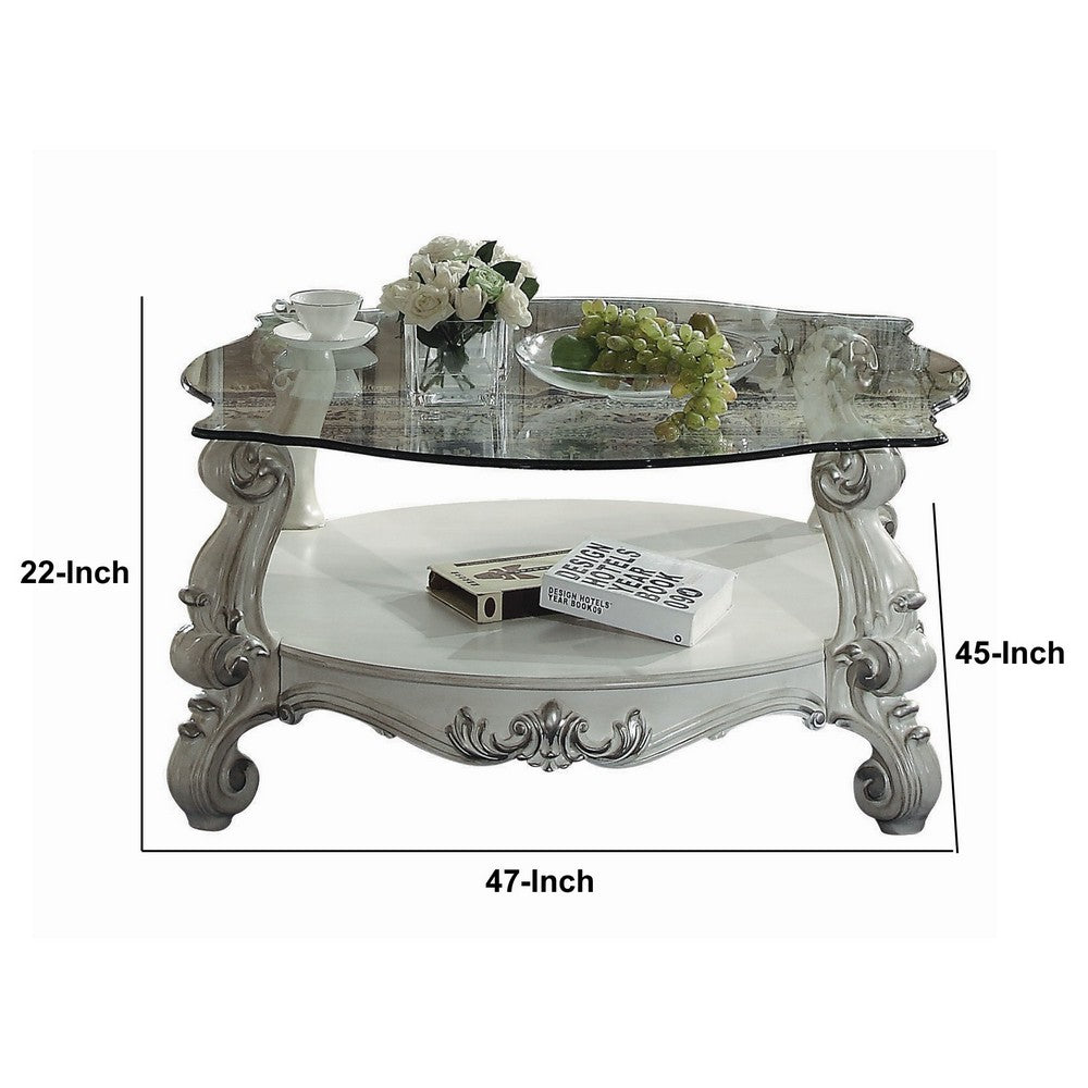 Curved Glass Top Coffee Table with Open Shelf, White - BM235387