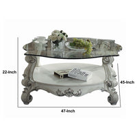 Curved Glass Top Coffee Table with Open Shelf, White - BM235387