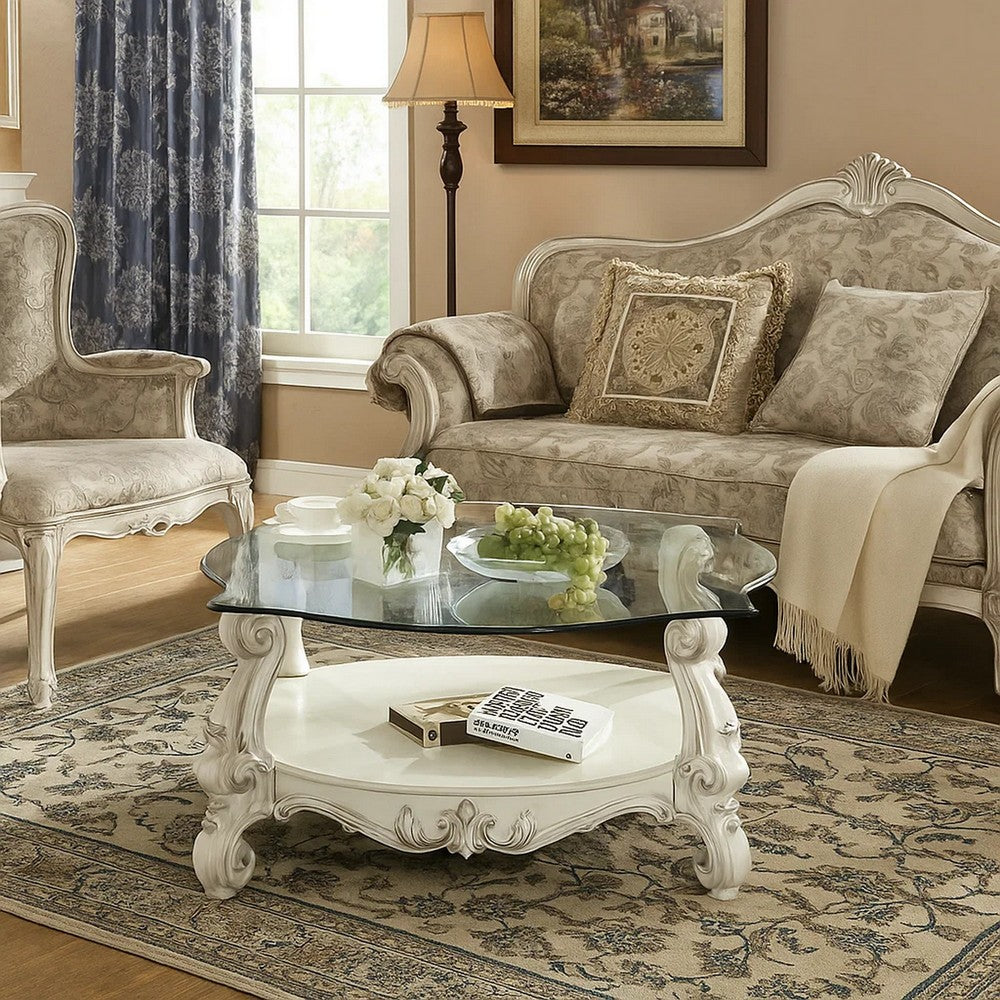 Curved Glass Top Coffee Table with Open Shelf, White - BM235387