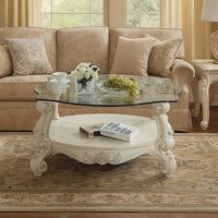 Curved Glass Top Coffee Table with Open Shelf, White - BM235387