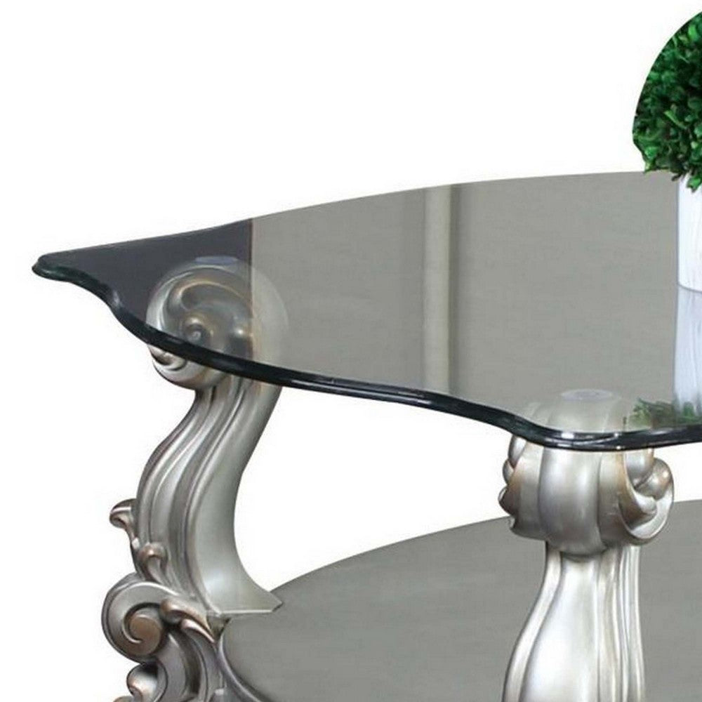 Curved Glass Top Coffee Table with Open Shelf, Silver - BM235398