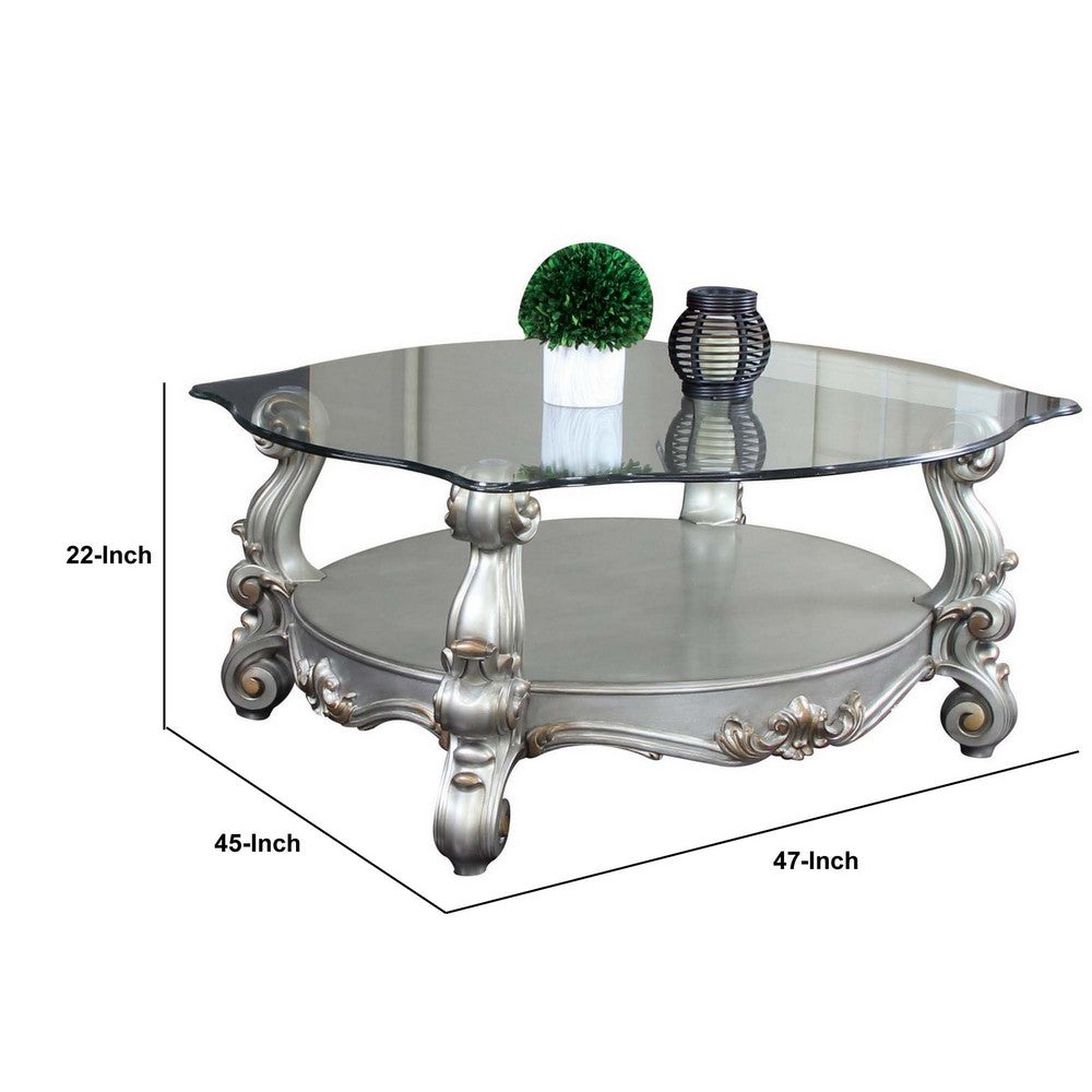 Curved Glass Top Coffee Table with Open Shelf, Silver - BM235398