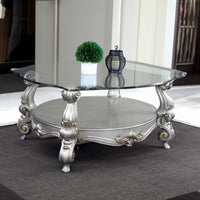Curved Glass Top Coffee Table with Open Shelf, Silver - BM235398