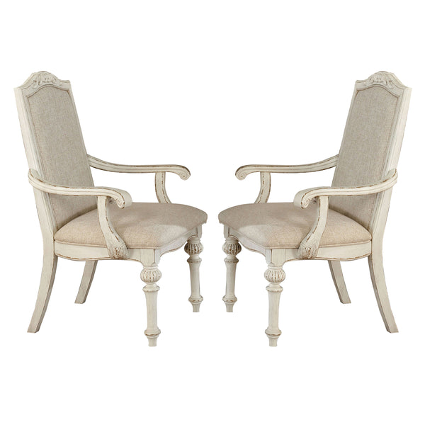 Rustic Wooden Arm Chair with Intricate Carvings, Set of 2, Antique White - BM235431