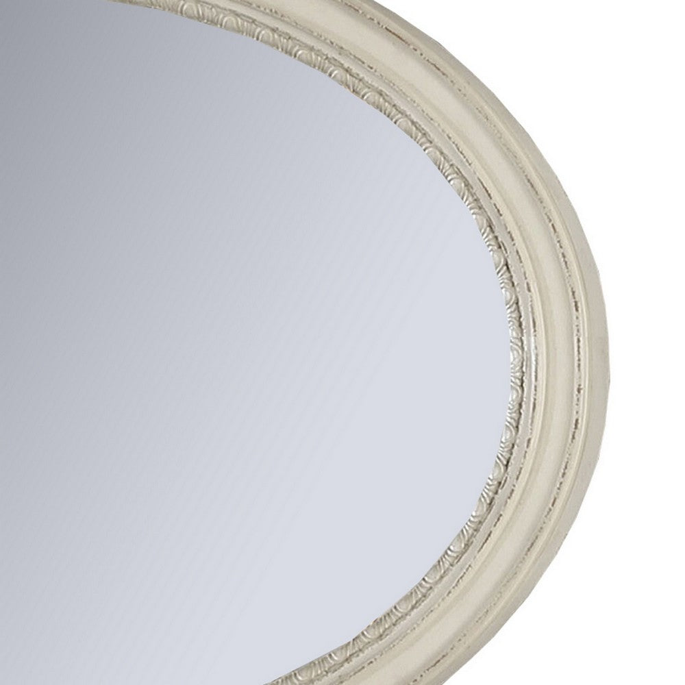 Oval Shaped Wooden Mirror with Molded Details, Antique White - BM235432