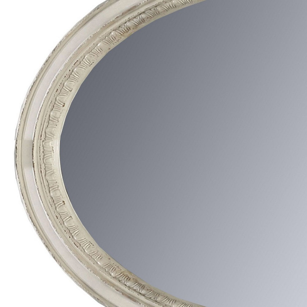 Oval Shaped Wooden Mirror with Molded Details, Antique White - BM235432