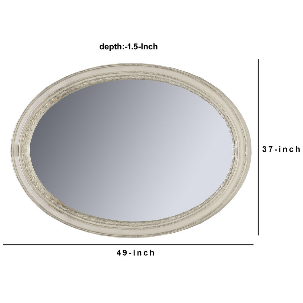 Oval Shaped Wooden Mirror with Molded Details, Antique White - BM235432