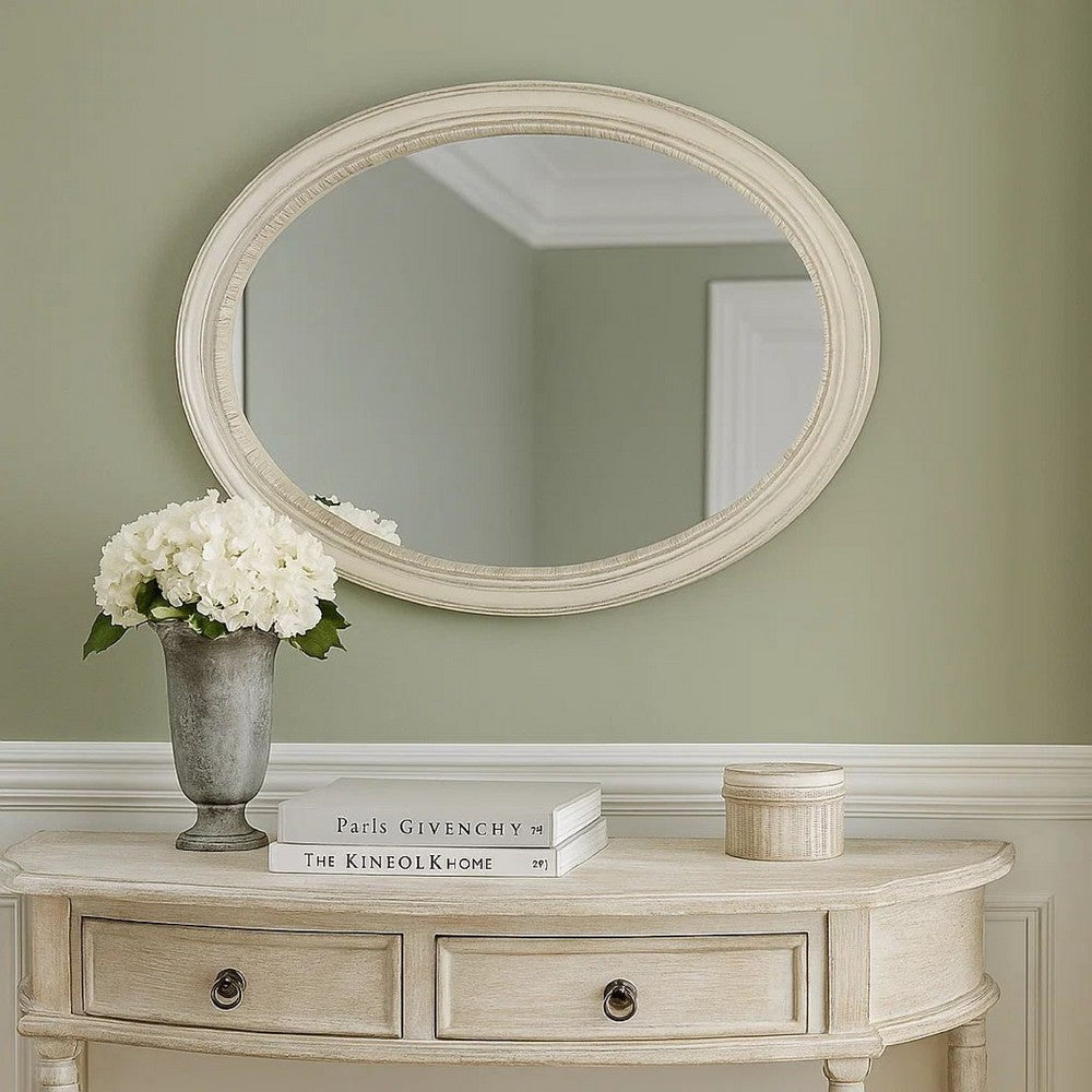 Oval Shaped Wooden Mirror with Molded Details, Antique White - BM235432