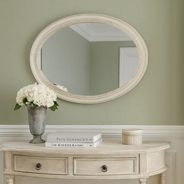 Oval Shaped Wooden Mirror with Molded Details, Antique White - BM235432
