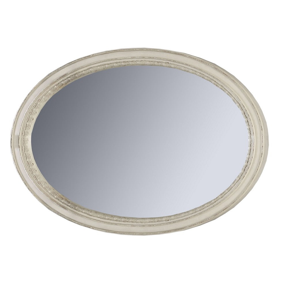 Oval Shaped Wooden Mirror with Molded Details, Antique White - BM235432