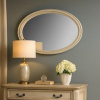 Oval Shaped Wooden Mirror with Molded Details, Antique White - BM235432