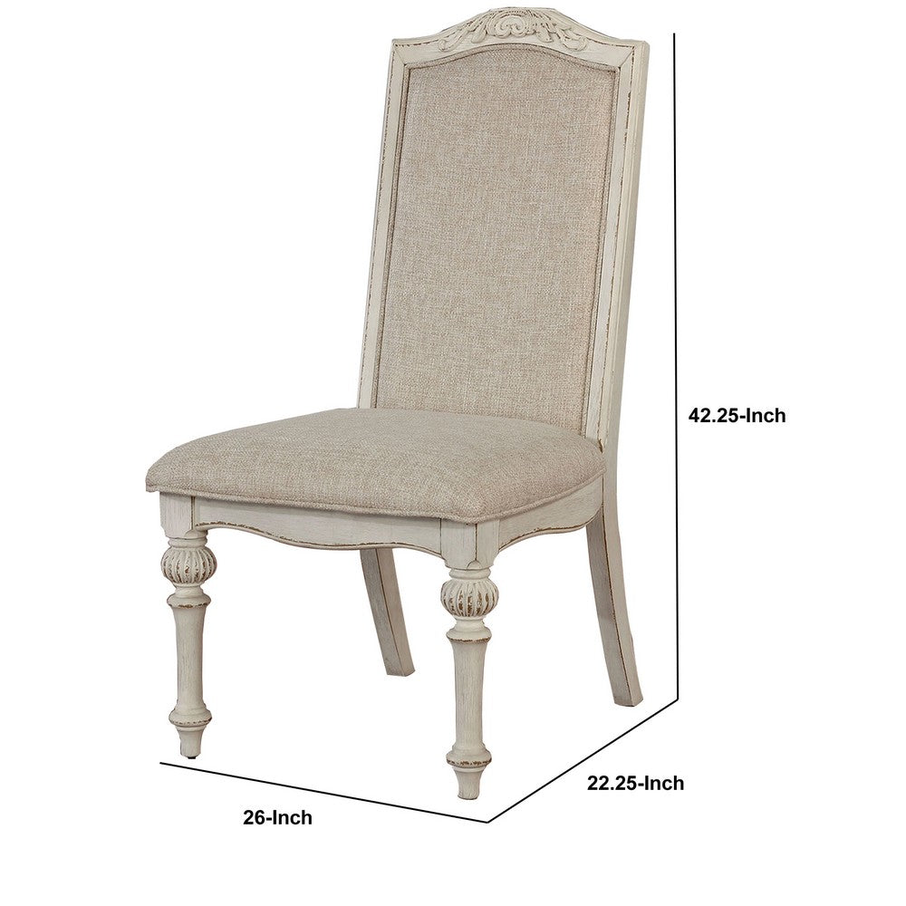 Rustic Wooden Side Chair with Intricate Carvings, Set of 2, Antique White - BM235434