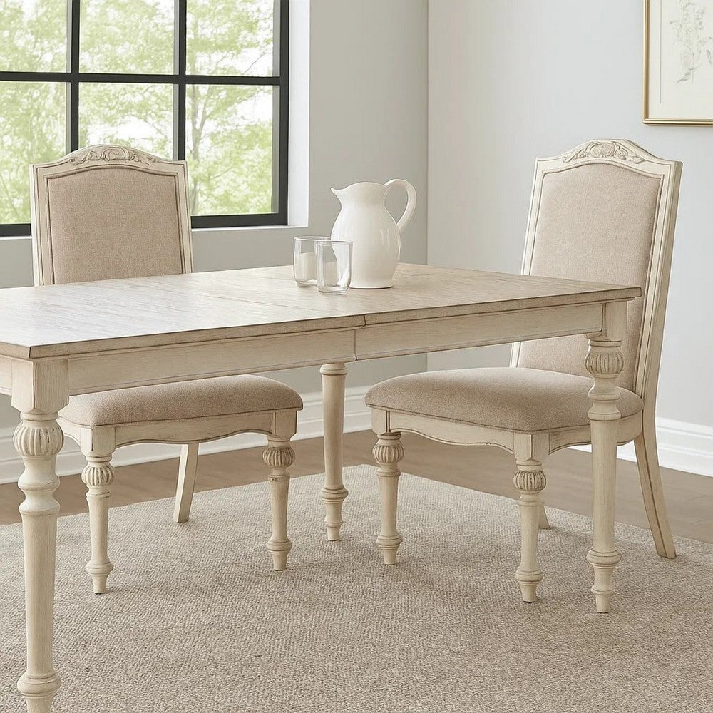 Rustic Wooden Side Chair with Intricate Carvings, Set of 2, Antique White - BM235434