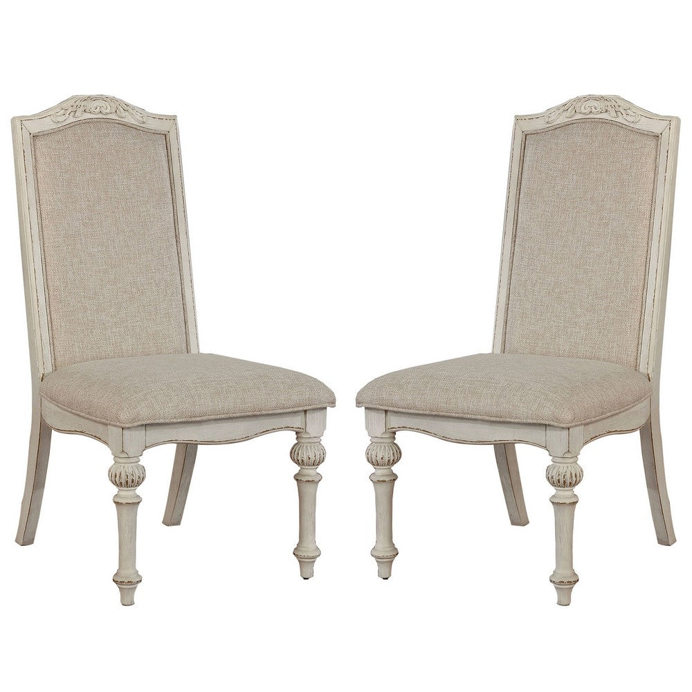 Rustic Wooden Side Chair with Intricate Carvings, Set of 2, Antique White - BM235434