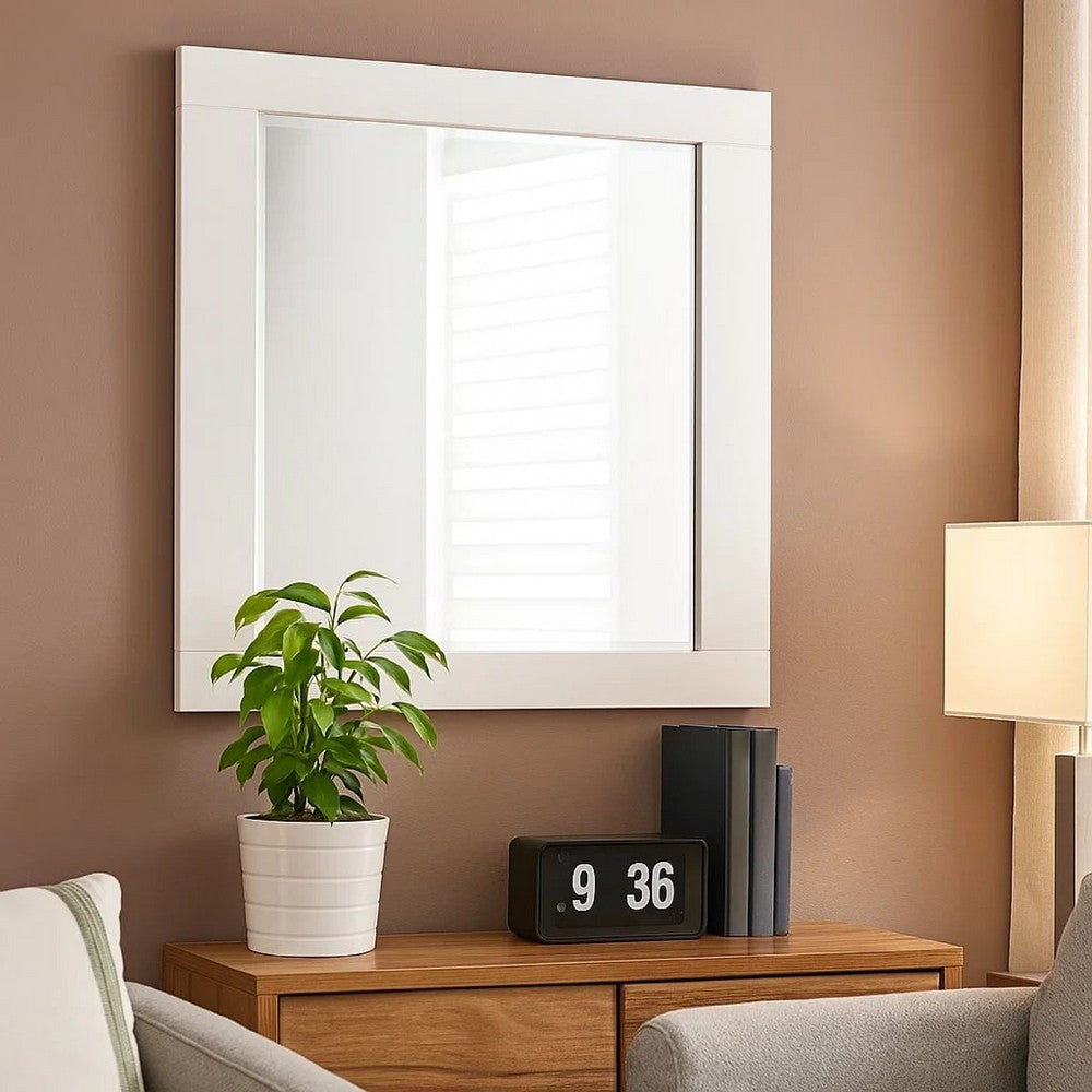 Contemporary Square Wooden Mirror with Mounting Hardware, White - BM235437