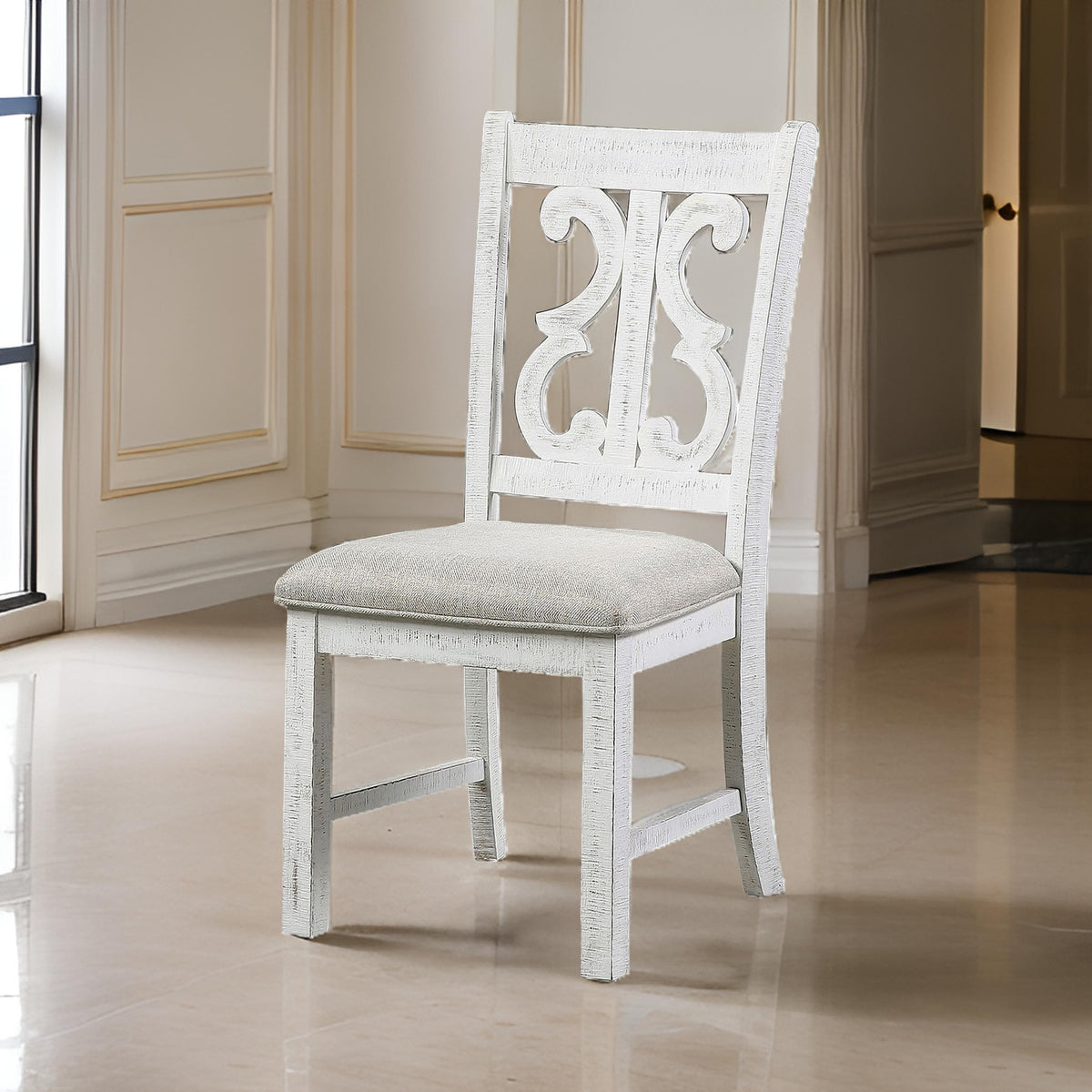 Open Scroll Back Wooden Side Chair with Padded Seat, Set of 2, White - BM235502