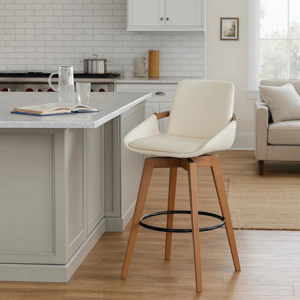 30 Inch Leatherette Swivel Barstool, Cream and Walnut - BM236356