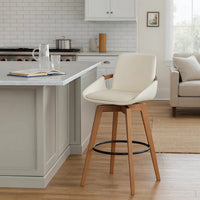 30 Inch Leatherette Swivel Barstool, Cream and Walnut - BM236356